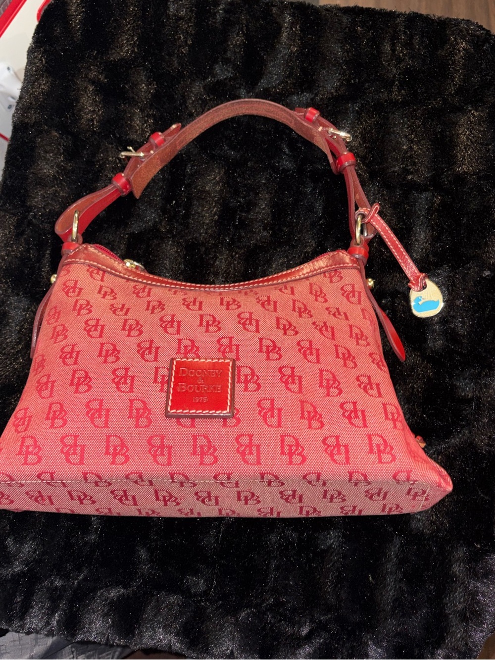 Vintage Dooney & Bourke Red Monogram Shoulder Bag with Leather Trim
